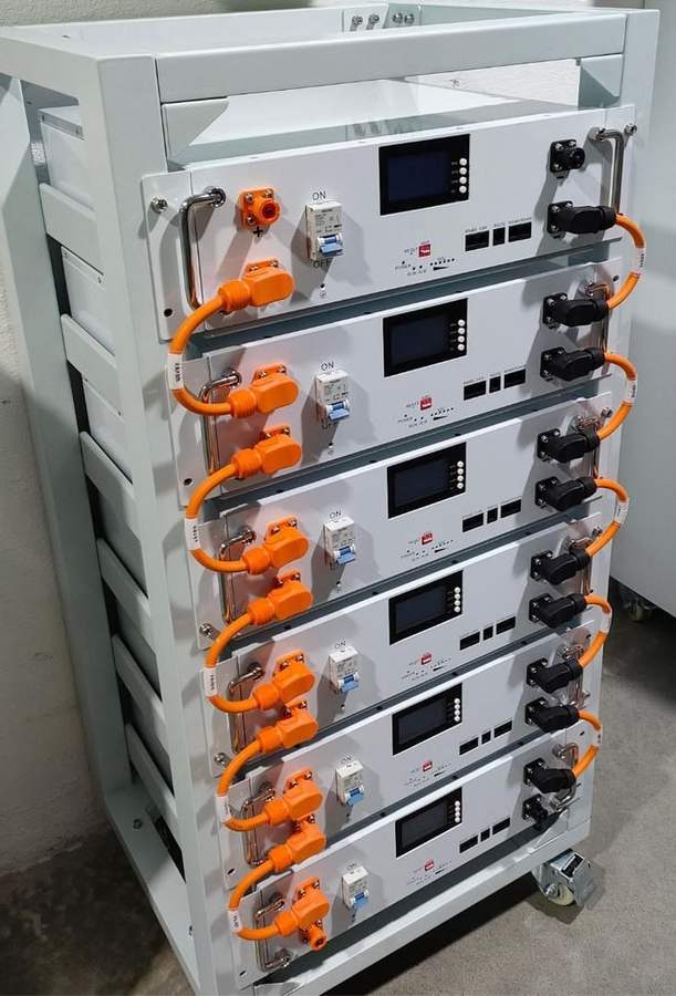 Close-up of a rack-mounted lithium battery system installed by Pro Energy Solutions
